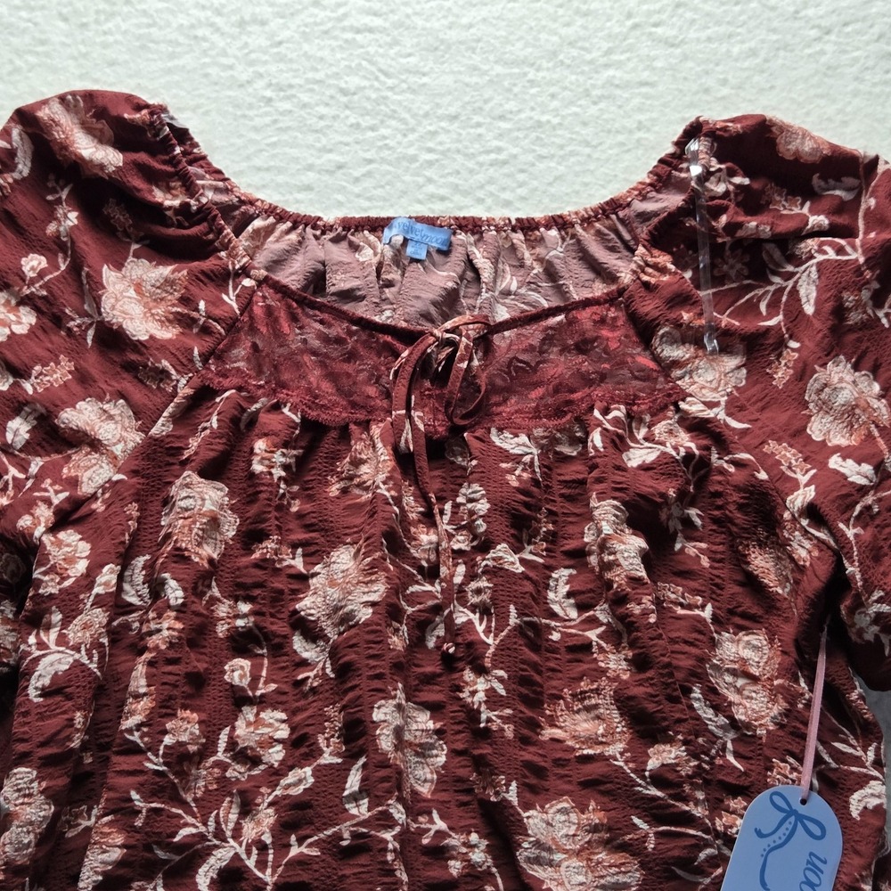 Velvetmoon Blouse Womens Plus 2X Red Scoop Neck Puff Sleeve Floral Tunic Top